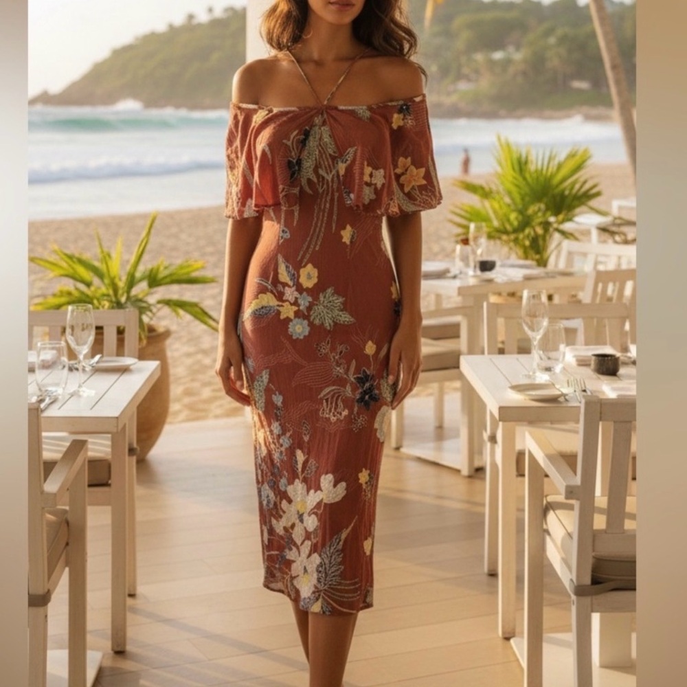 Cleobella Revolve Anthropologie Mauve Floral off the shoulder ruffle dress M 6 8